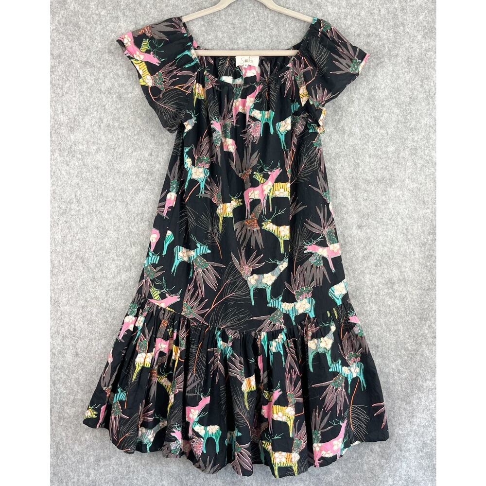 Soler Dress Womens Small Animal Floral Print Tiered Ruffle Cotton Metallic Artsy